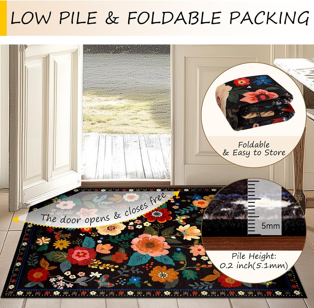 Floral Washable 5x7 Area Rugs Black