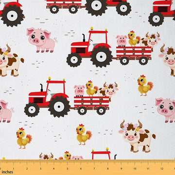 Agrimotor Outdoor Fabric by The Yard, Farm Animal Cow Pig Chicken Fabric DIY Projects, Rustic Farmhouse Style Polyester