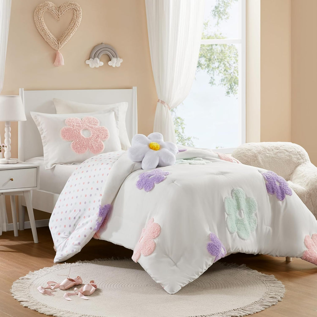 Kids Twin Comforter Set for Girls, Tufted Chenille Floral Comforter Set Twin, Lightweight Polka Dot Comforter