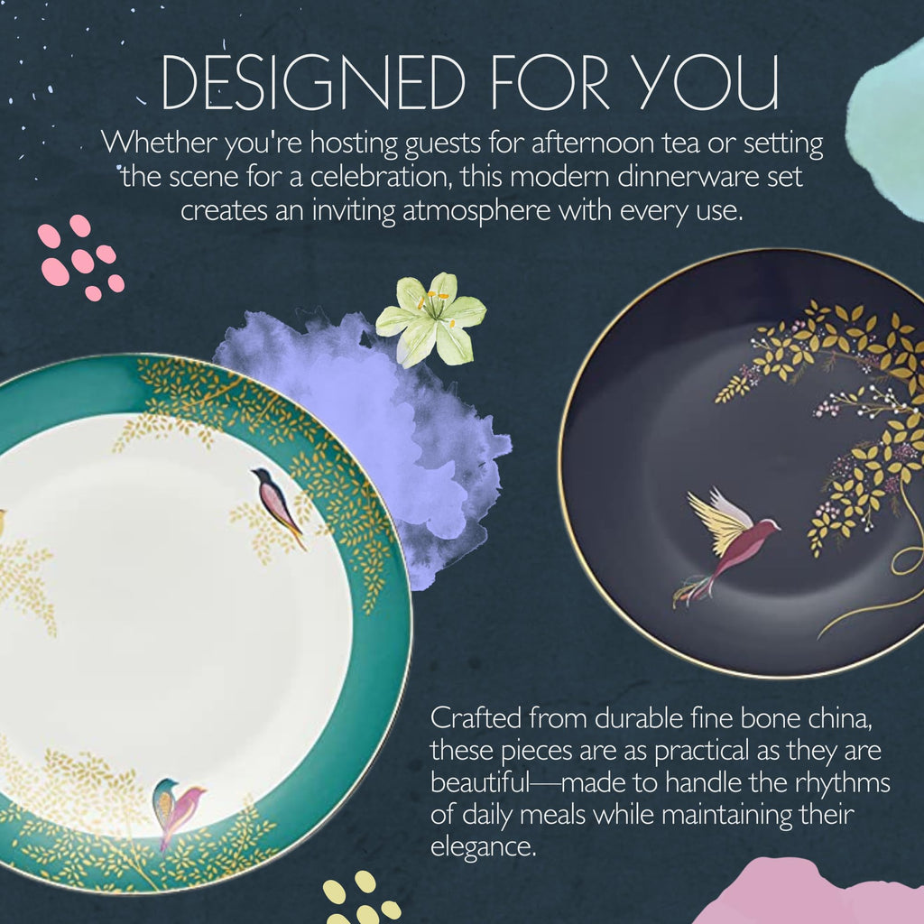 Chelsea 12 Piece Dinnerware Set - Fine China Plates & Bowls Featuring Vibrant Birds & Floral Art for Afternoon Tea or