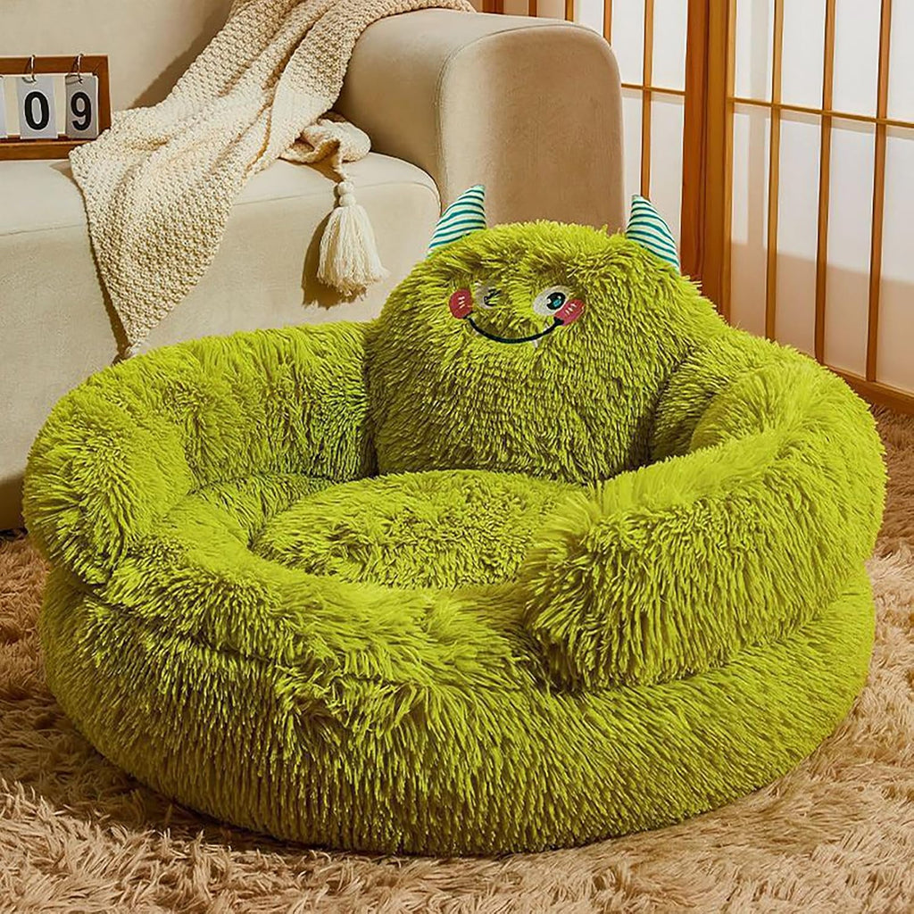 Large Dog Bed with Plush Monster Toy, Green Fluffy Round Pet Bed for Medium to Large Dogs
