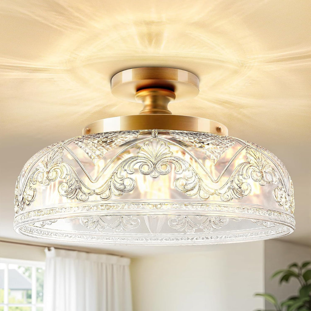 Semi Flush Mount Ceiling Light, 12 Inch Large Gold Ceiling Light Fixture, 3-Light Globe Glass Farmhouse Kitchen