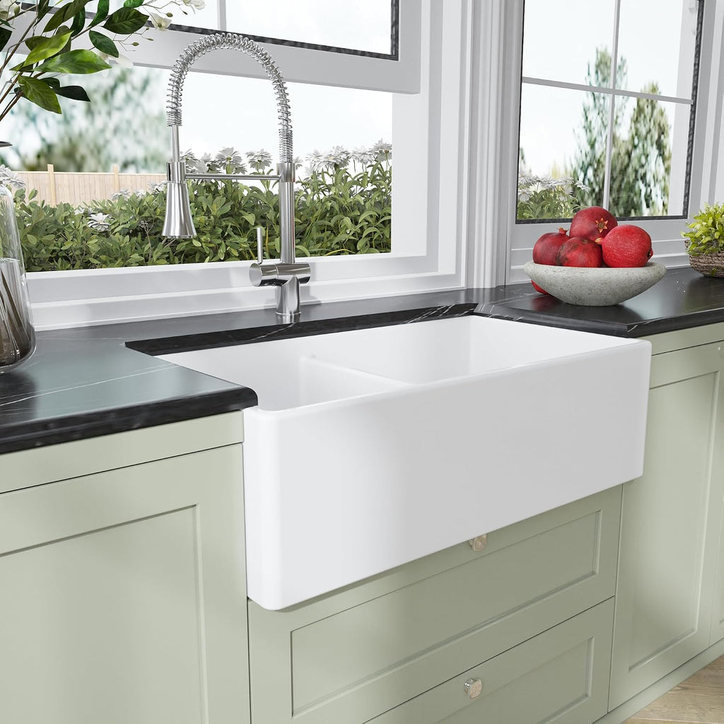 White Kitchen Sink 33 inch 60/40 Double Bowl Apron Front Farmhouse Sink, Stepped Weir Design, Fireclay Ceramic