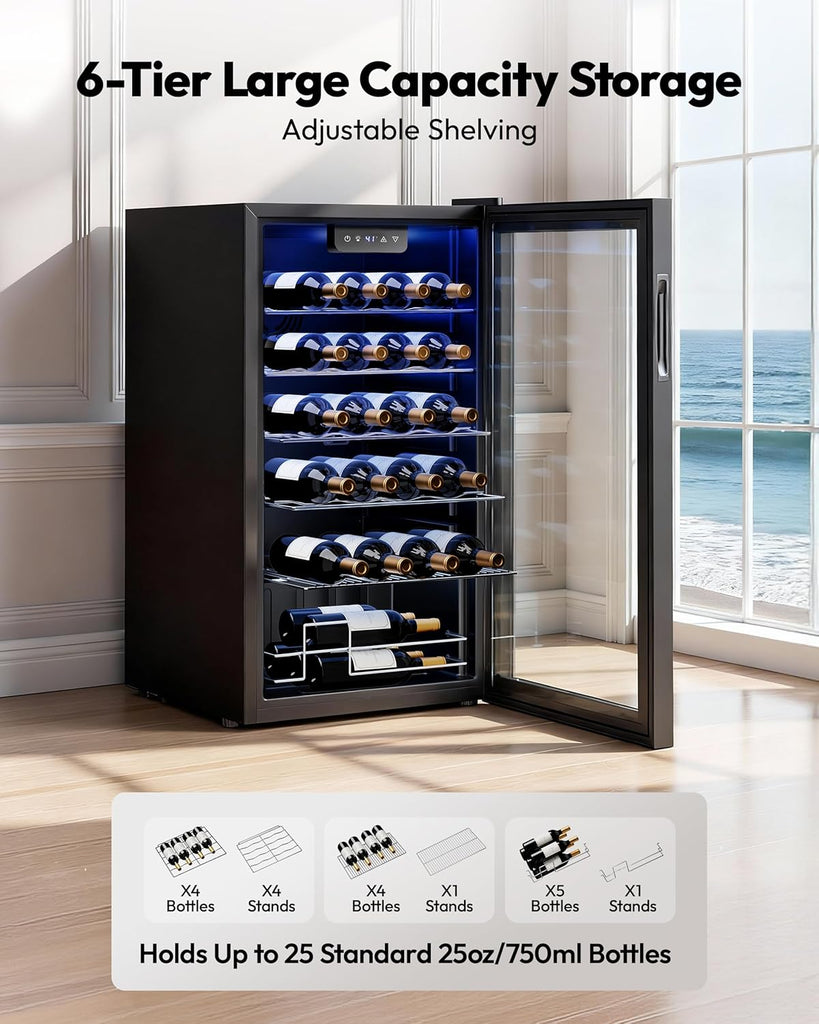 25 bottle Wine Cooler Refrigerator, Freestanding Compressor Wine Fridge with Adj
