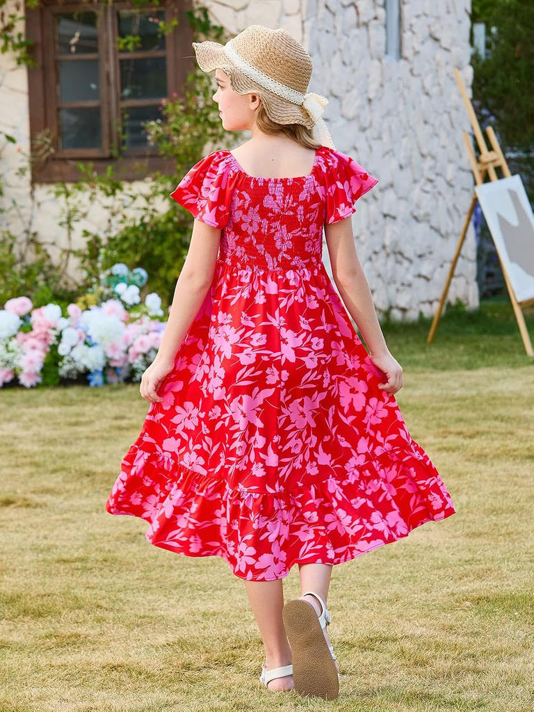 Girls Summer Dress Kids Square Neck Ruffle Sleeve Smocked Midi Dresses with Pockets