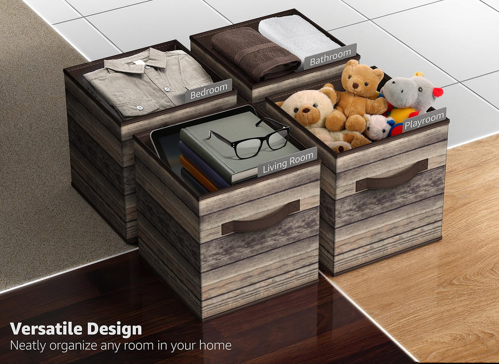 11 x 11 Storage Cubes, Foldable Fabric Bins (4 Pack, Rustic Brown)