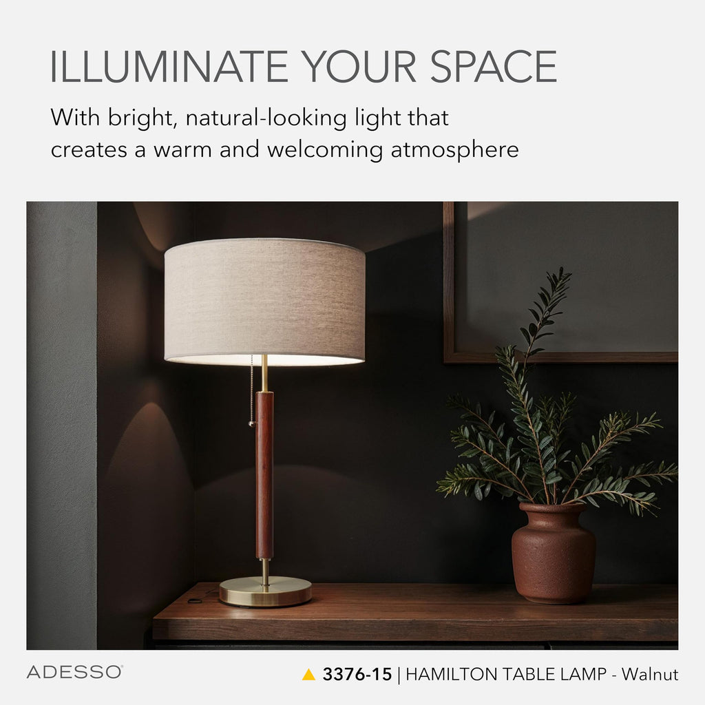 3376-15 Hamilton Table Lamp, 26.25 in, 100W Incandescent/26W CFL, Walnut Eucalyptus Wood/Antique Brass, 1 Modern