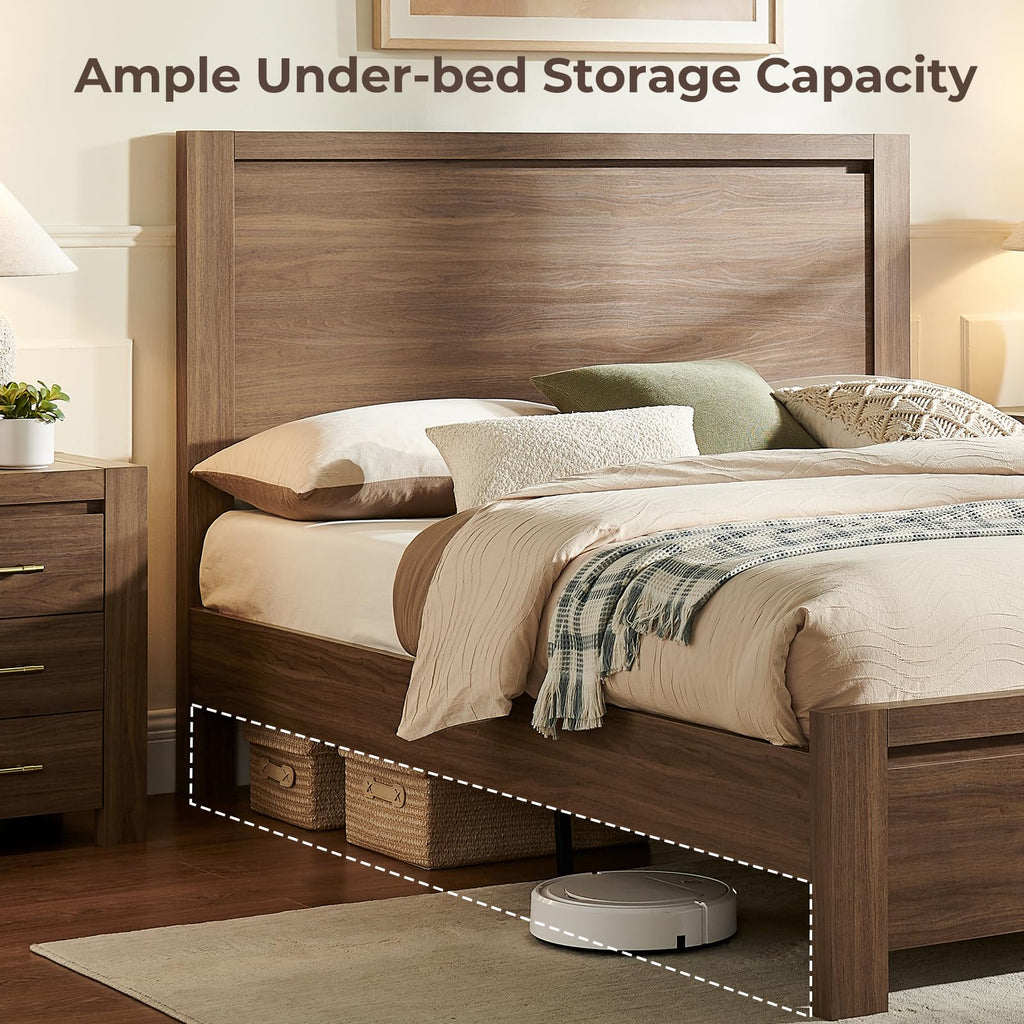 Bed Frame with Headboard, Modern Farmhouse -Size Bedframe with Wood Slat Support, Sturdy Simple Wood Bed