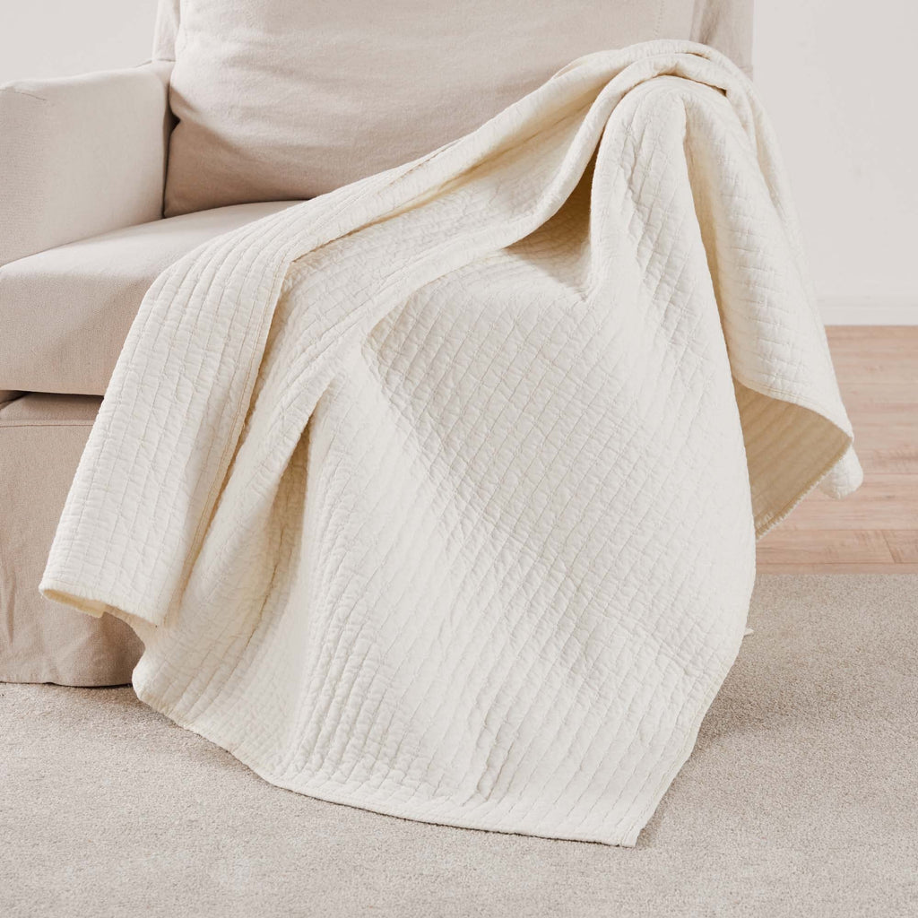 Cross Stitch - Quilted Throw - 50x60in. - 100% Cotton - Reversible Pattern - Cream with White Stitching