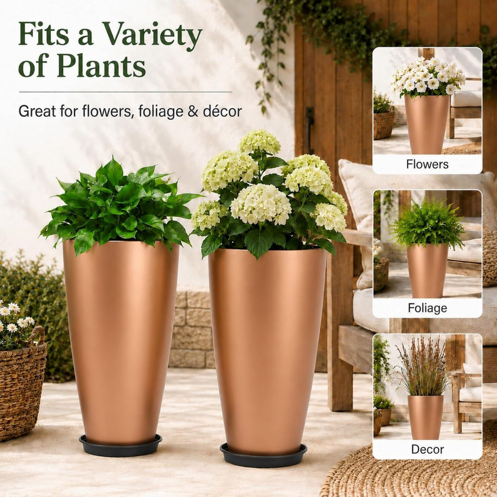 Set of 2 Tall Planter, 21 inch Large Plastic Planter, Rose Gold