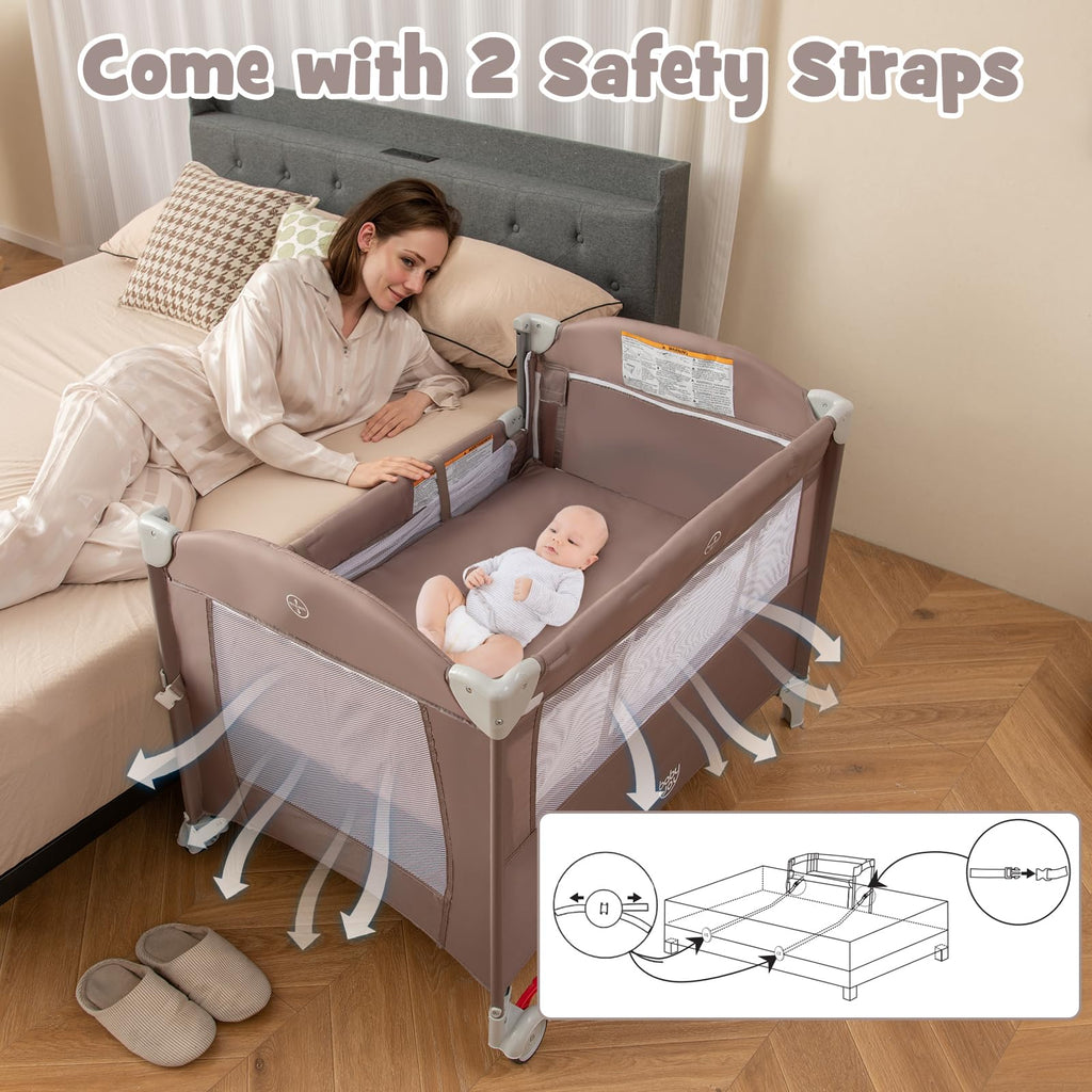 JOY 5-in-1 Play Yard, Portable Baby Bedside Sleeper with Bassinet, U-Shaped Diaper Changer, Safety Strap, Side