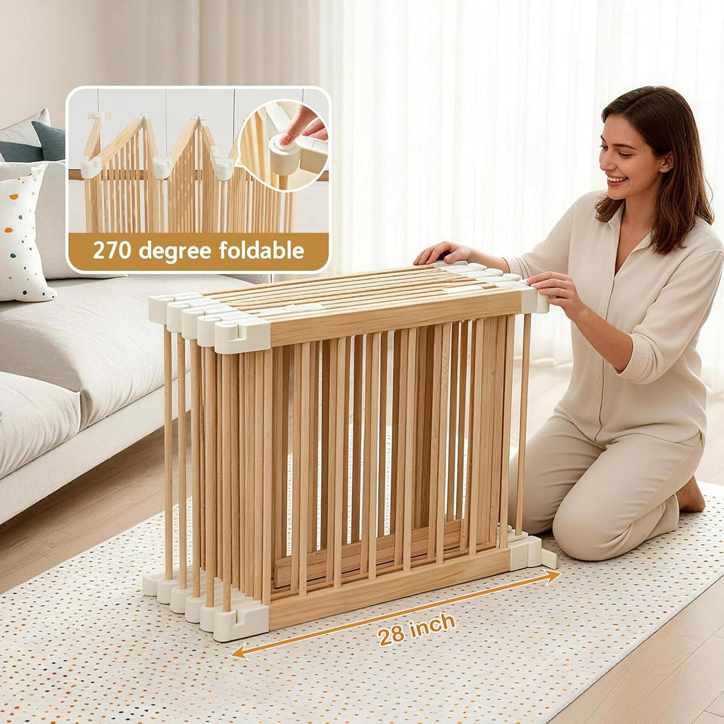 Baby Playpen, Foldable Wooden Play Yard with Gate | Adjustable Activity Center, Child Proof Lock, Expandable