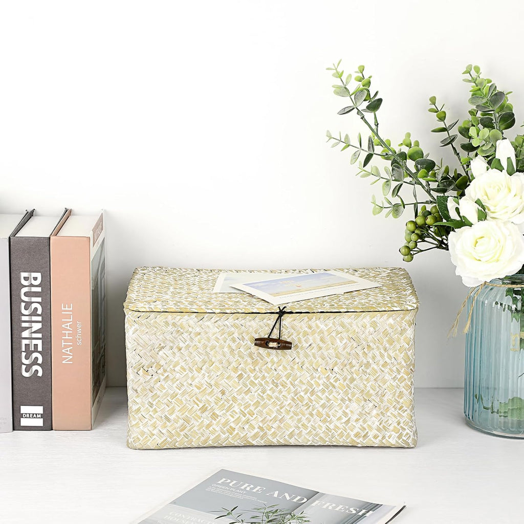 Seagrass Storage Basket Bins with Lid Handwoven Wicker Shelf Baskets | Rectangular Basket Household Organizer Boxes