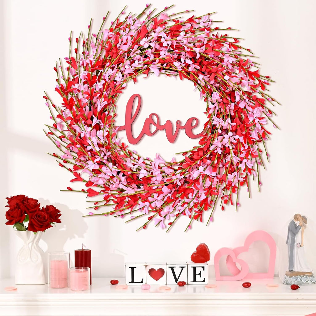 20IN Valentines Wreaths for Front Door Decorations, Pink Forsythia Valentine Wreath, Spring Summer Wreath