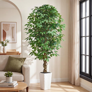 Artificial Ficus Tree 7FT, Large Fake Tree Decor (White Planter)