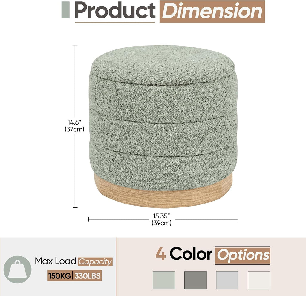 Round Storage Ottoman with Reversible Tray Lid, Folding Chenille Fabric Footrest with Hidden Storage, 15.4" Footstool