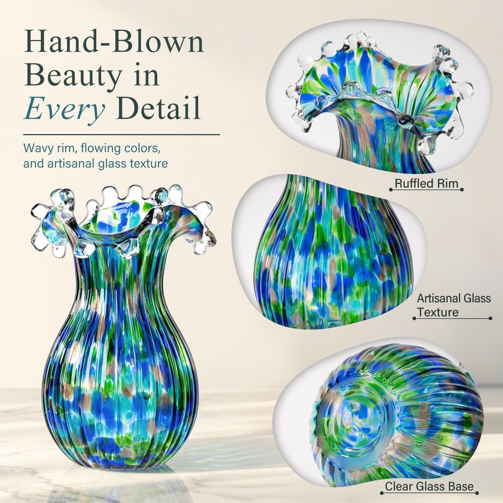 Hand Blown Glass Vase for Flowers, 9 Inch Blue Green Flower Vase