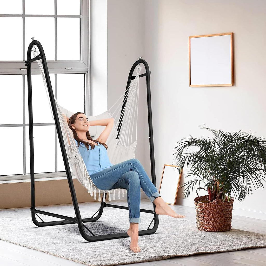 Hammock Chair with Stand, 350 lbs Swing Chair for Indoor Outdoor | U-Shape Anti-Tip Base, Steel Frame,Cotton Chair