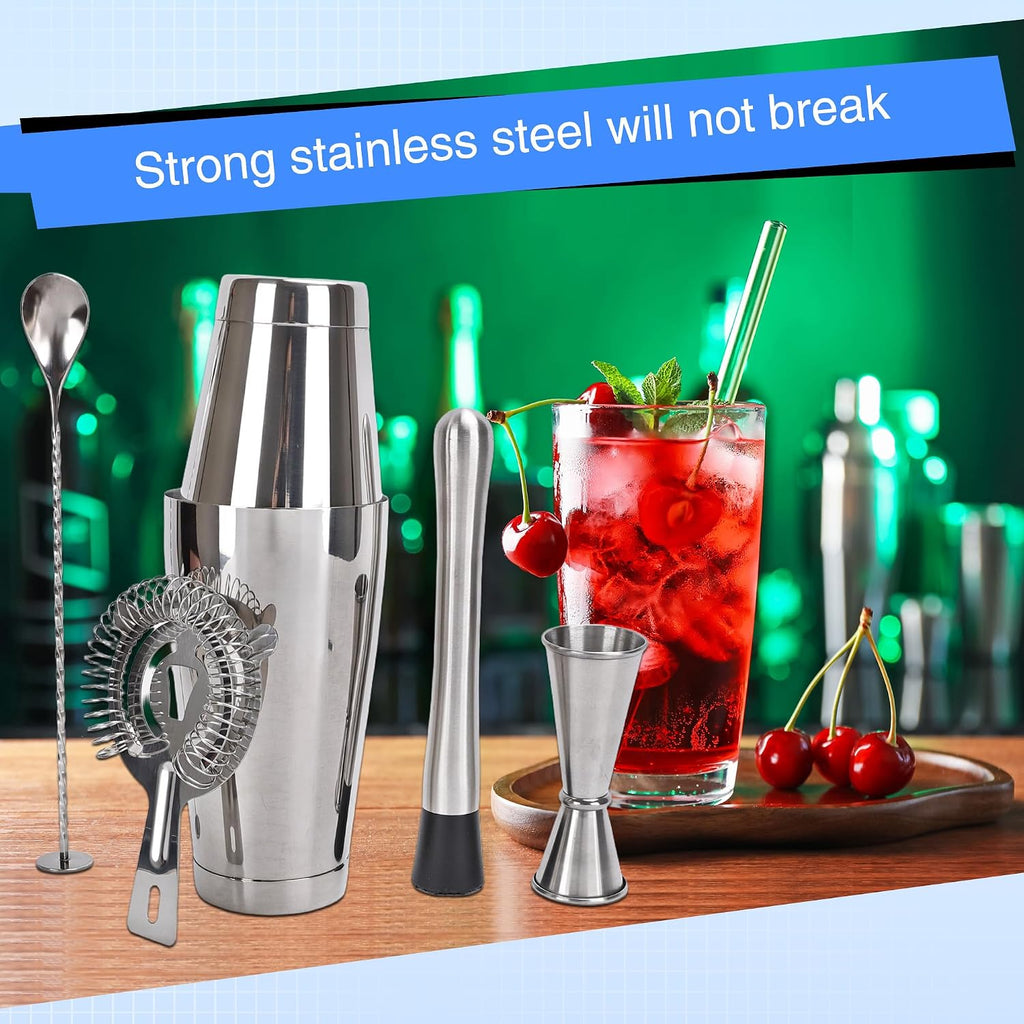 Shaker Set Stainless Steel Cocktail Drink 18 oz&28 oz Shaker Tin with Strainer Jigger Long Spoon Muddler - Set of 24