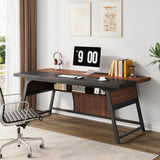 63-inch Executive Desk with Storage Shelf, Large Home Office Desk with Metal Frame & LED Light, Long Computer Desks