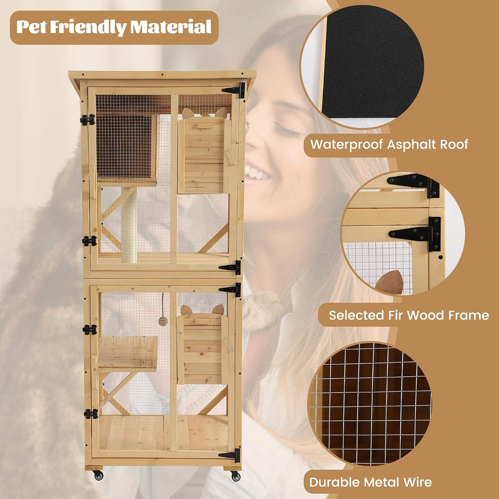 71" Catio Outdoor Cat Enclosure Window Access, Original Wood