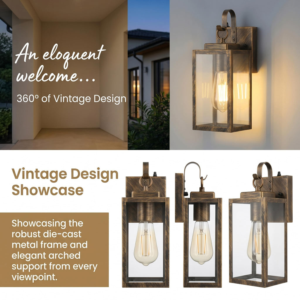 Black Brush Gold Porch Light, Dusk to Dawn Wall Mount Outdoor Light