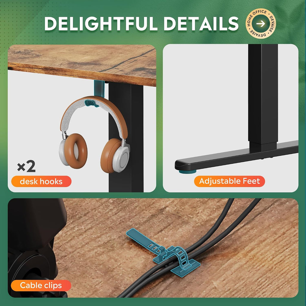 63 Inch Standing Desk, L Shaped, Computer Desk, Rustic Brown | LED Touchscreen, Headphone Hook, 3 Memory Preset
