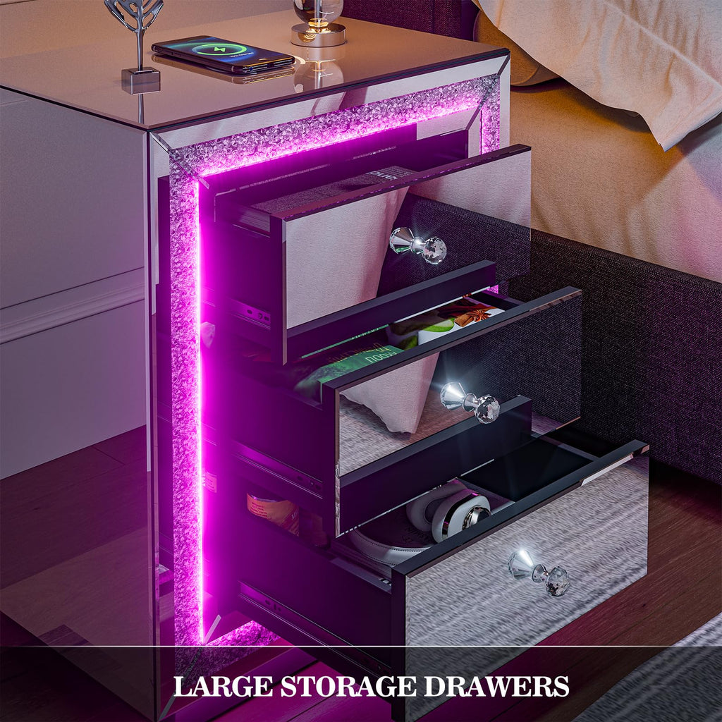 Mirrored Nightstand with LED Light & Wireless Charging, 3 Drawers