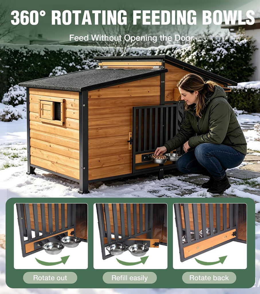 Extra Large Heated Dog House Outdoor with Iron Frame and Rotating Bowls