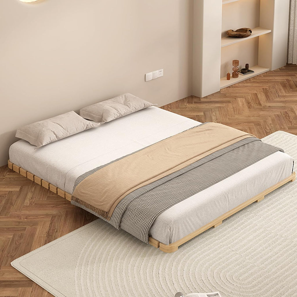 Solid Wood Slatted Bed Frame, Japanese Floor Platform, Natural Wood, 78.7 x 78.7 Inch, Foldable Roll-Up Design