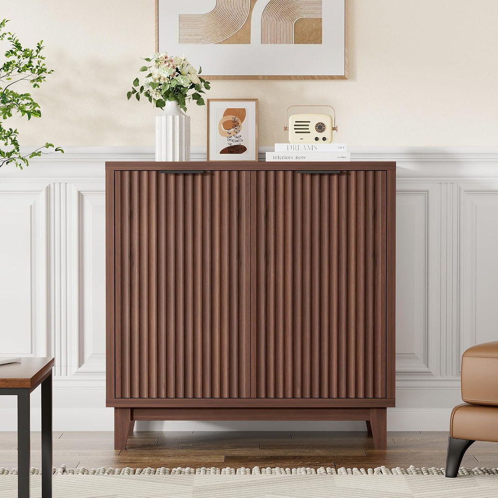 Fluted Cabinet with Storage, Mid Century Modern 2 Doors Sideboard Buffet | Accent Cabinet with Adjustable Shelves
