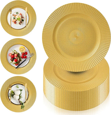 Gold Charger Plates Bulk, 13" Reusable Reef Serving Gold Chargers for Dinner Plates , Round Plastic Shiny - Set of 100
