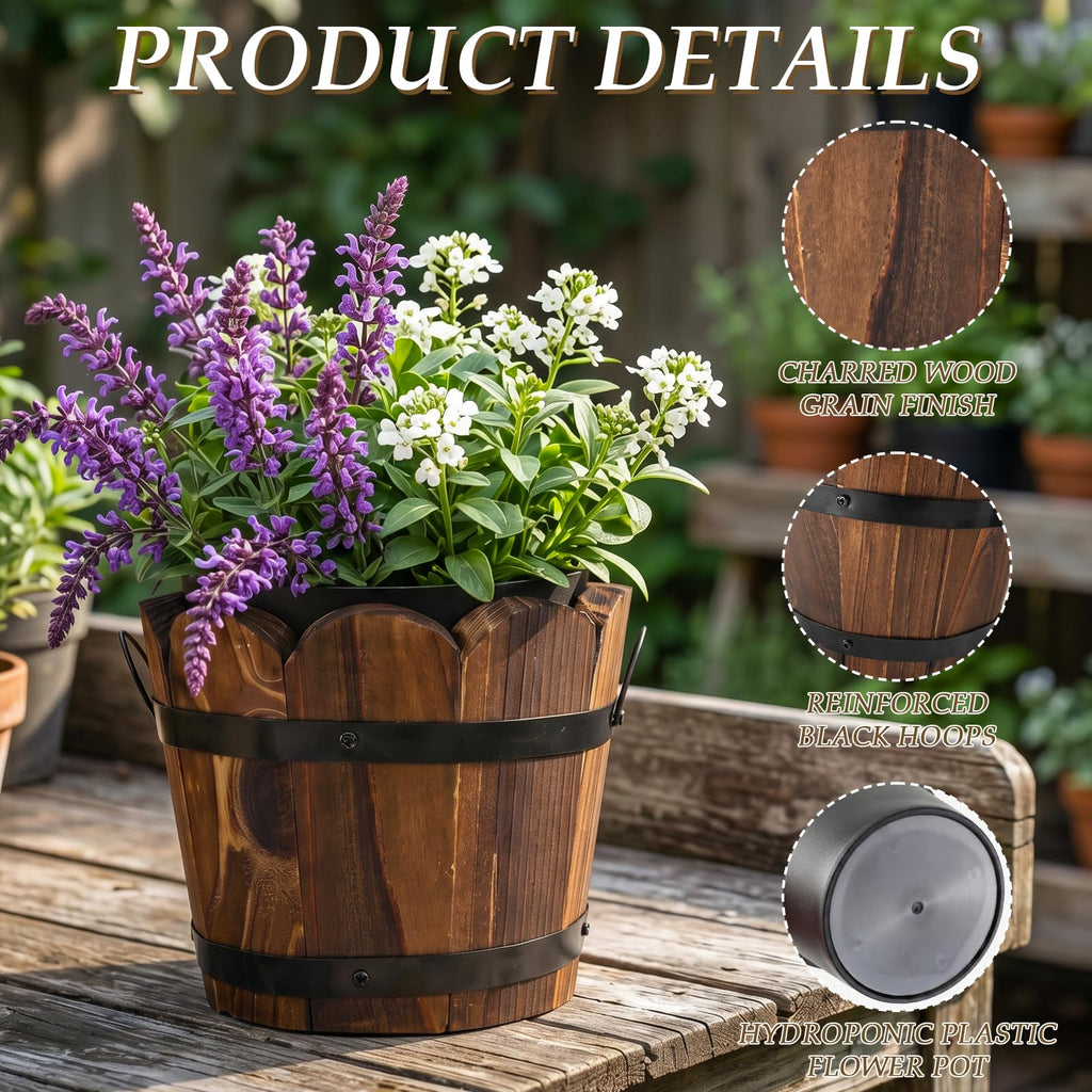 Whiskey Barrel Planter, Rustic Wood Plant Pots with Removable Plastic Liner & Floral Foam, Planters for Wedding Table