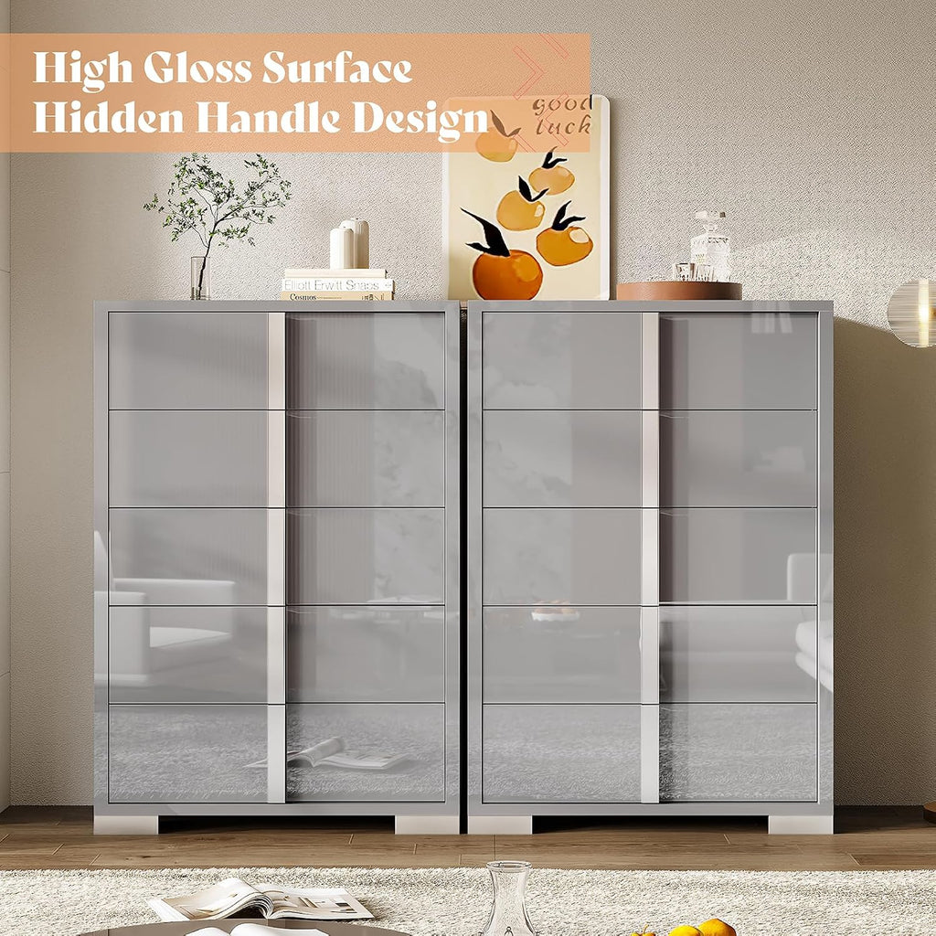 5 Drawer Dresser with Glossy Finish, Modern Storage Chest, Grey | 50.2" Tall Dresser, Storage Organizer, High Gloss