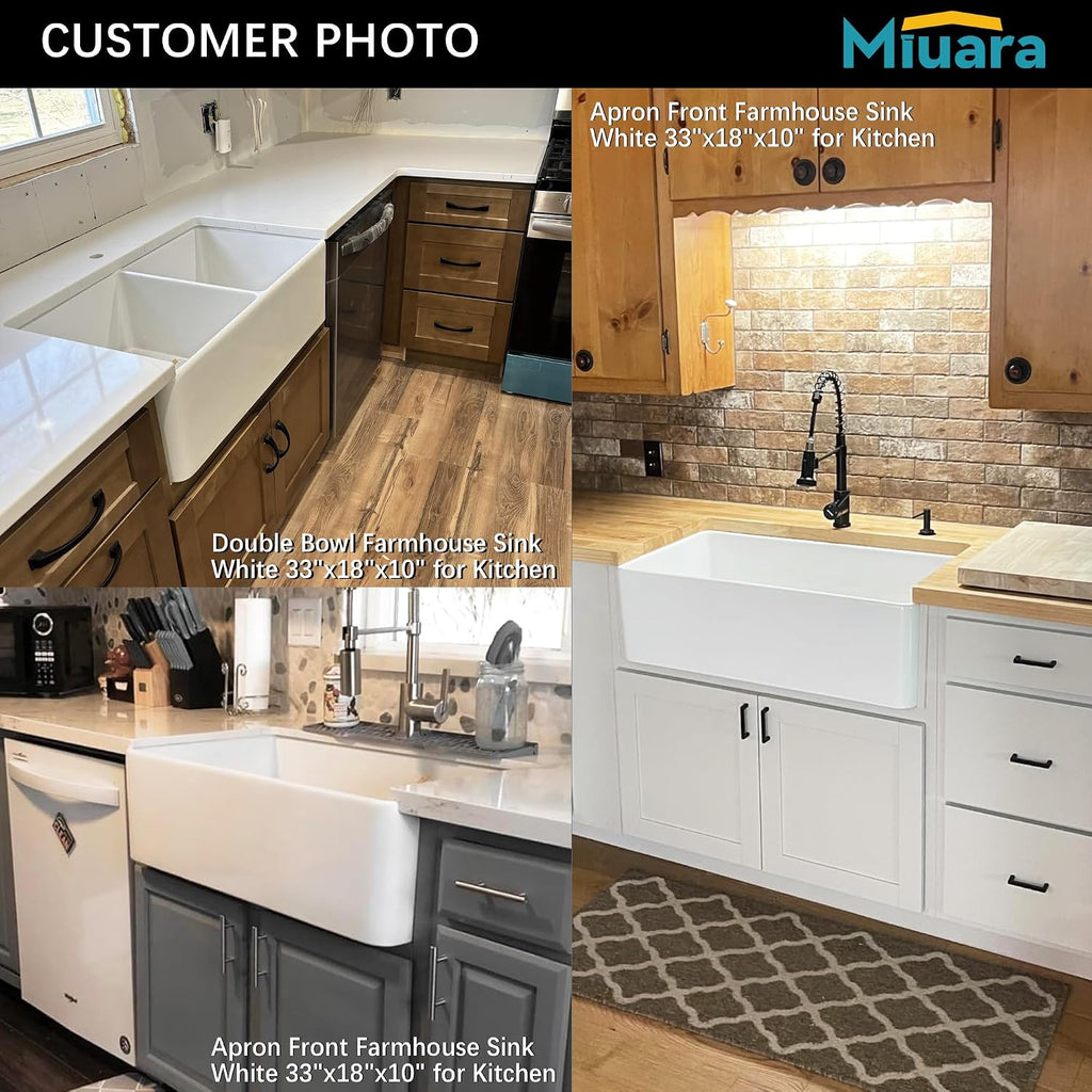 Double Bowl Farmhouse Sink 33" x 18" White Apron Front Kitchen Sink | , Large dual bowl 50/50, Heavy duty fireclay