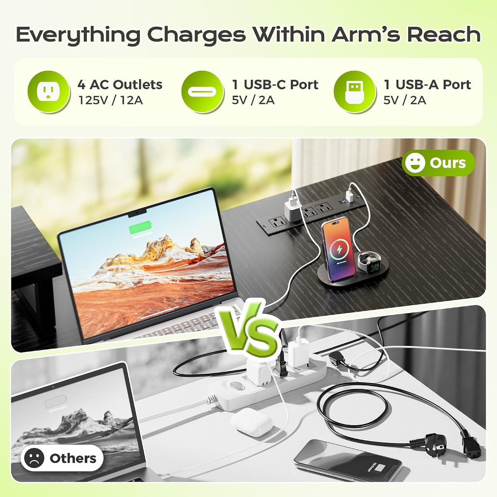 53" L Shaped Computer Desk, Power Outlets, Monitor Stand, Black | USB-C Ports, Reversible Charging Station, Spacious