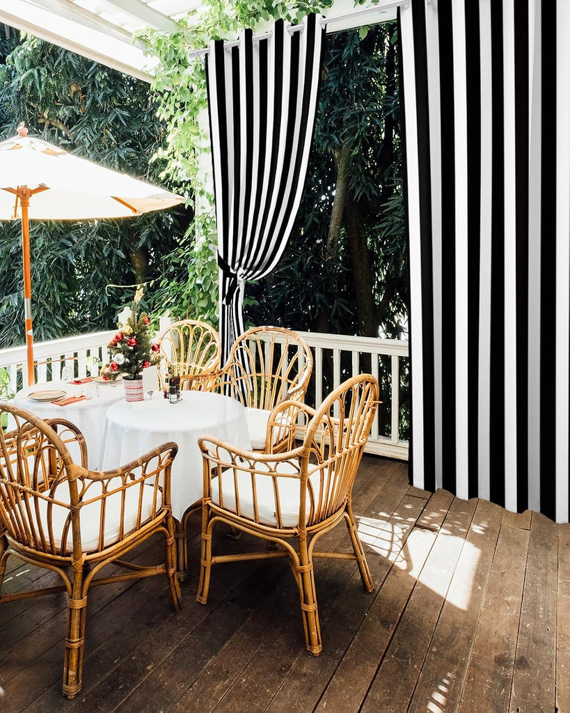 Outdoor Curtains Waterproof Black and White Stripe Indoor/Outdoor Curtain Tiebacks Simple Style Privacy Curtain Sun