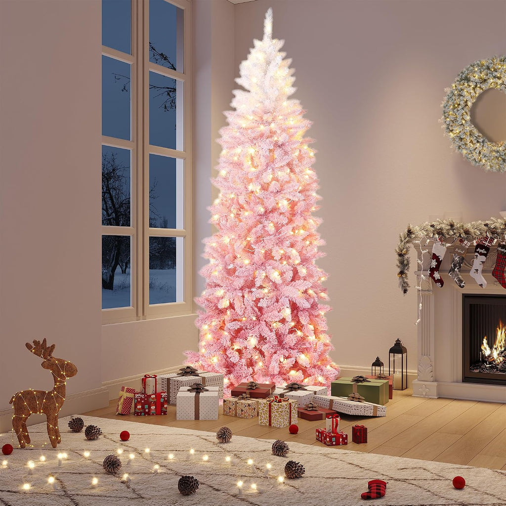 Prelit Artificial Christmas Tree with RGB & Warm White Lights, Pre-Lit Snow Flocked Pencil Christmas Tree