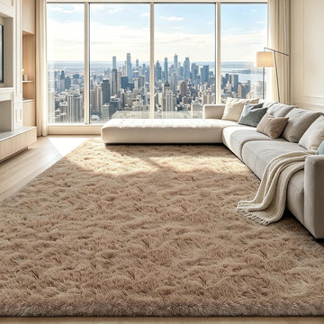 Beige 8x10 Area Rugs, Fluffy Shag Rug Large Bedroom Carpet