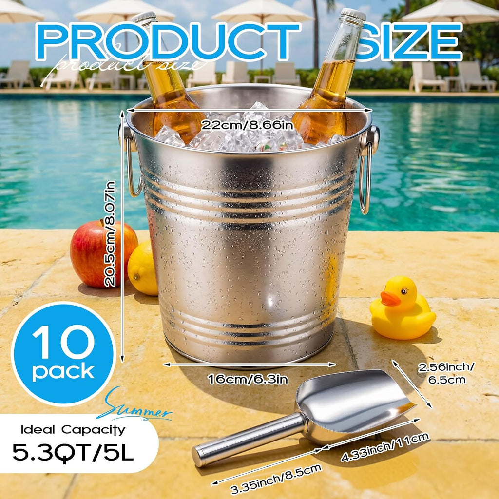 10 Set 5.3 QT / 5 L Ice Bucket with Scoop Bulk, Stainless Steel Champagne Ice Bucket for Parties Insulated Wine