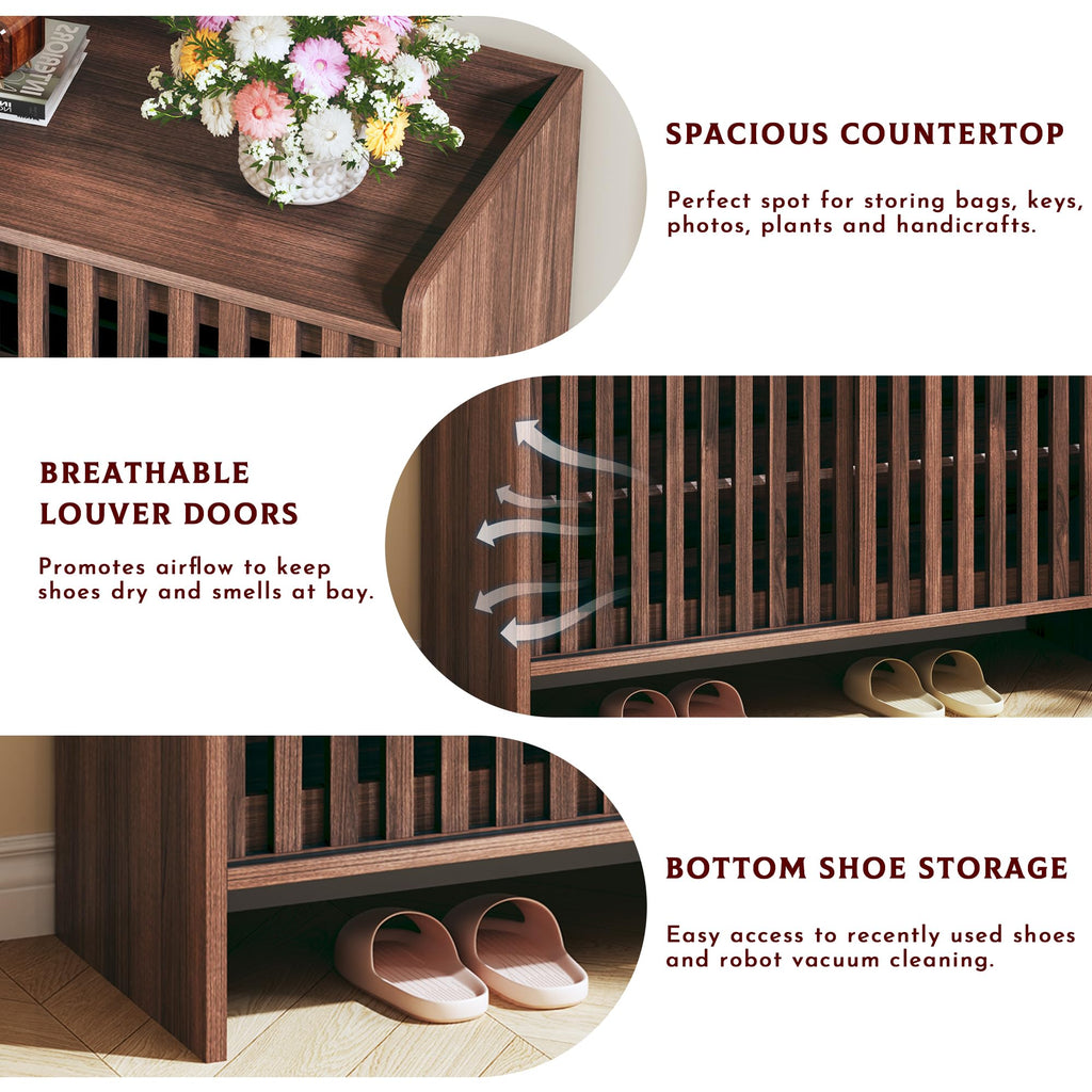 5-Tier Shoe Cabinet with Sliding Shutter Doors, Wooden Shoe Storage Cabinet with Adjustable Shelf, Modern