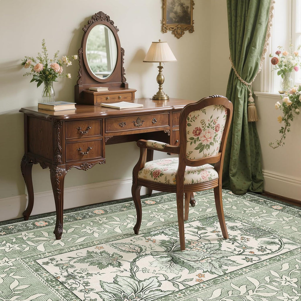 Provence 5x7 Area Rugs, Botanical Grove Sage Green Vintage Cottagecore Non-Slip Washable Rug Bedroom Nursery Kitchen