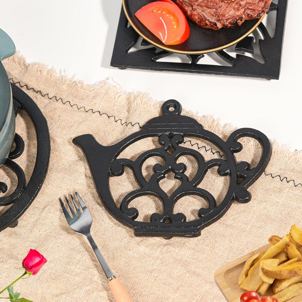 Heavy Duty Cast Iron Trivet,Decorative Rustproof Black Trivet or Dinning Table,7.9" x 6" with Vintage Lovely Teapot