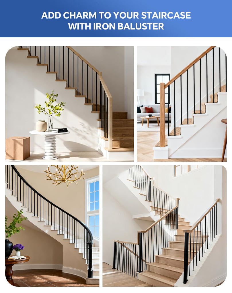 16 Pack Iron Balusters for Staircase Interior, 44 Inches Square Hollow Metal Balusters, 1/2" Wrought Iron Stair Hand