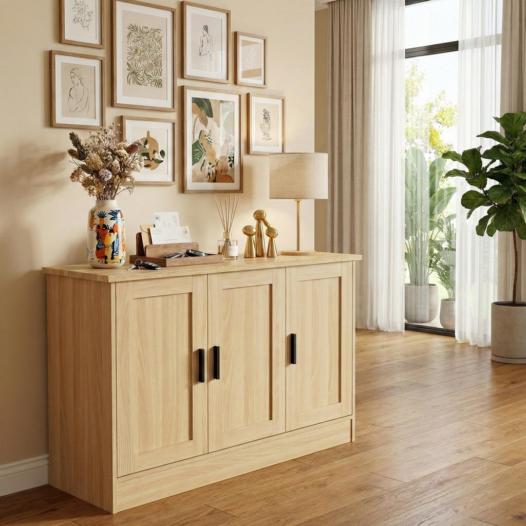 43" Oak Buffet Cabinet with Black Handles, Small Kitchen Sideboard with 3 Doors & Adjustable Shelves, Modern Entryway