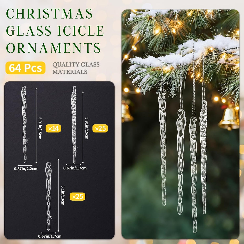 Handmade Glass Icicle Ornaments, 64-Pc Crystal Decor - Set of 64