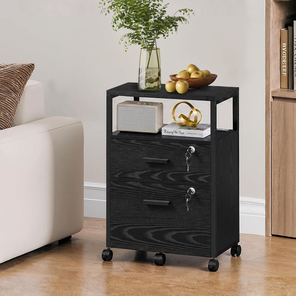 2 Drawer File Cabinet with Lock and Charging Station | Wood Filing Cabinet fits A4 or Letter Size, Mobile Printer