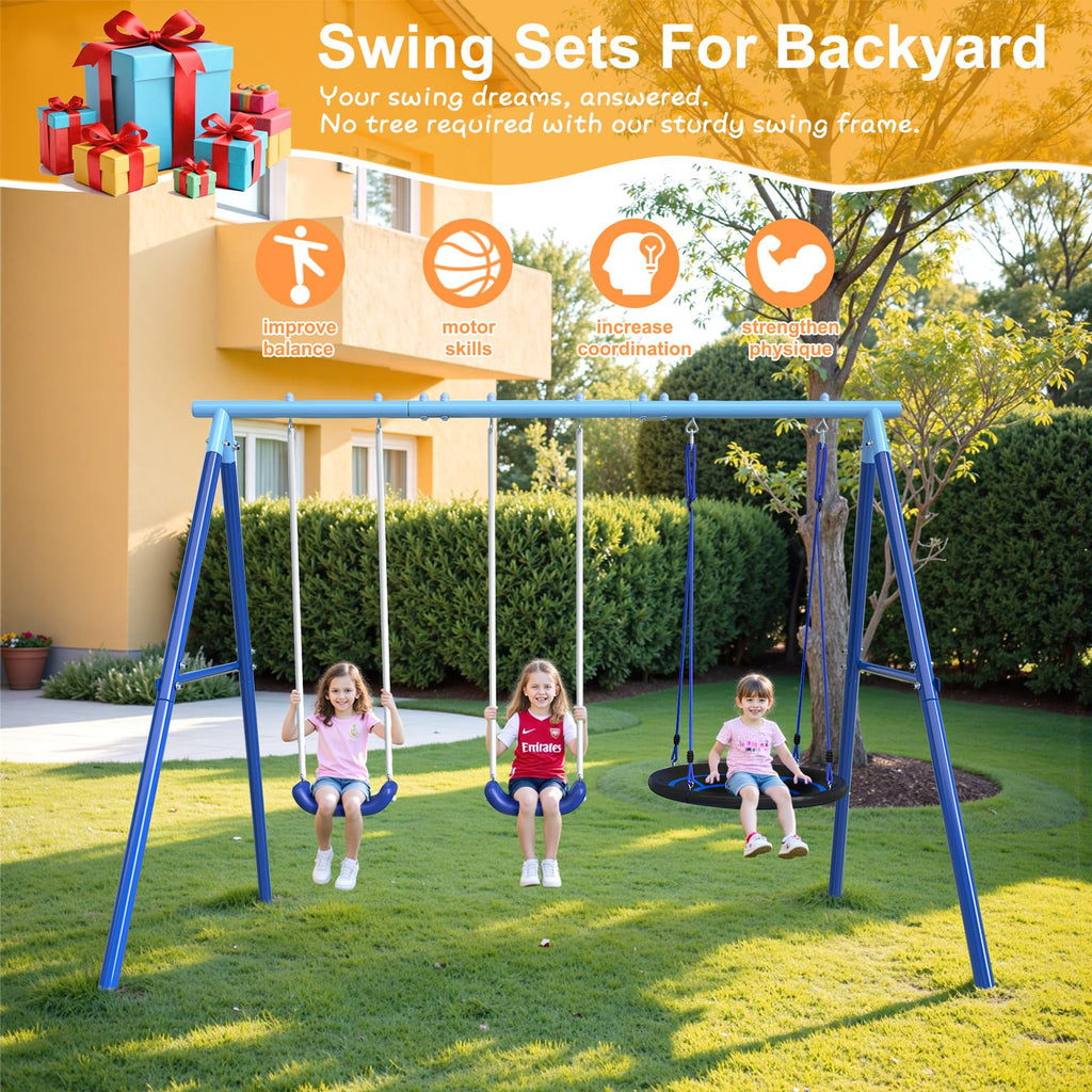 3 in 1 Swing Set for Backyard with Saucer, A-Frame Metal Outdoor Playset