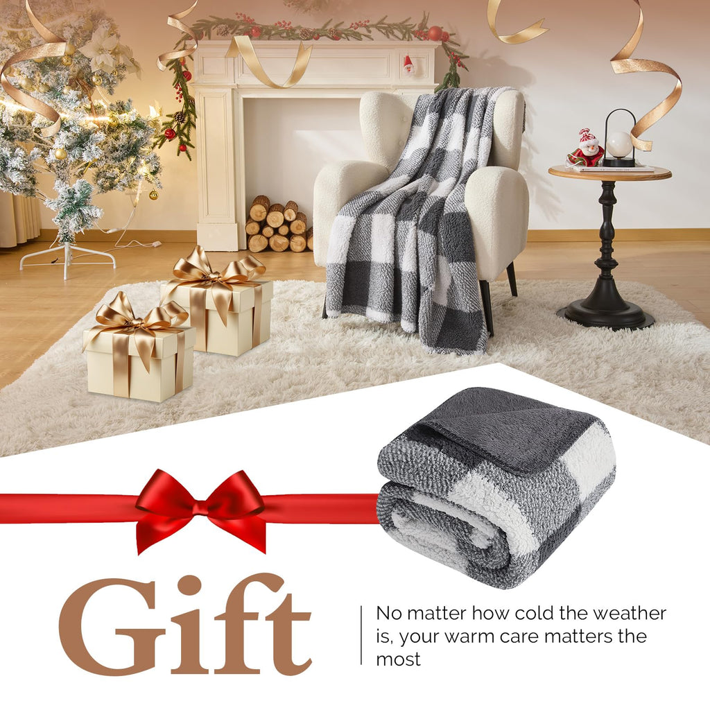 Checkered Sherpa Fleece Throw Blanket for Couch & Bed, Grey 50x60