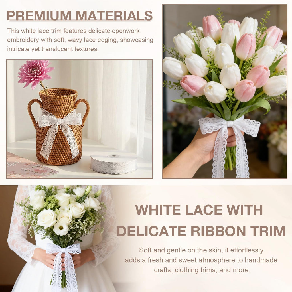 50 Yards White Lace Trim Ribbon Roll, Vintage Crochet Lace for Gift Wrapping, Sewing & Craft Projects, Bridal Wedding